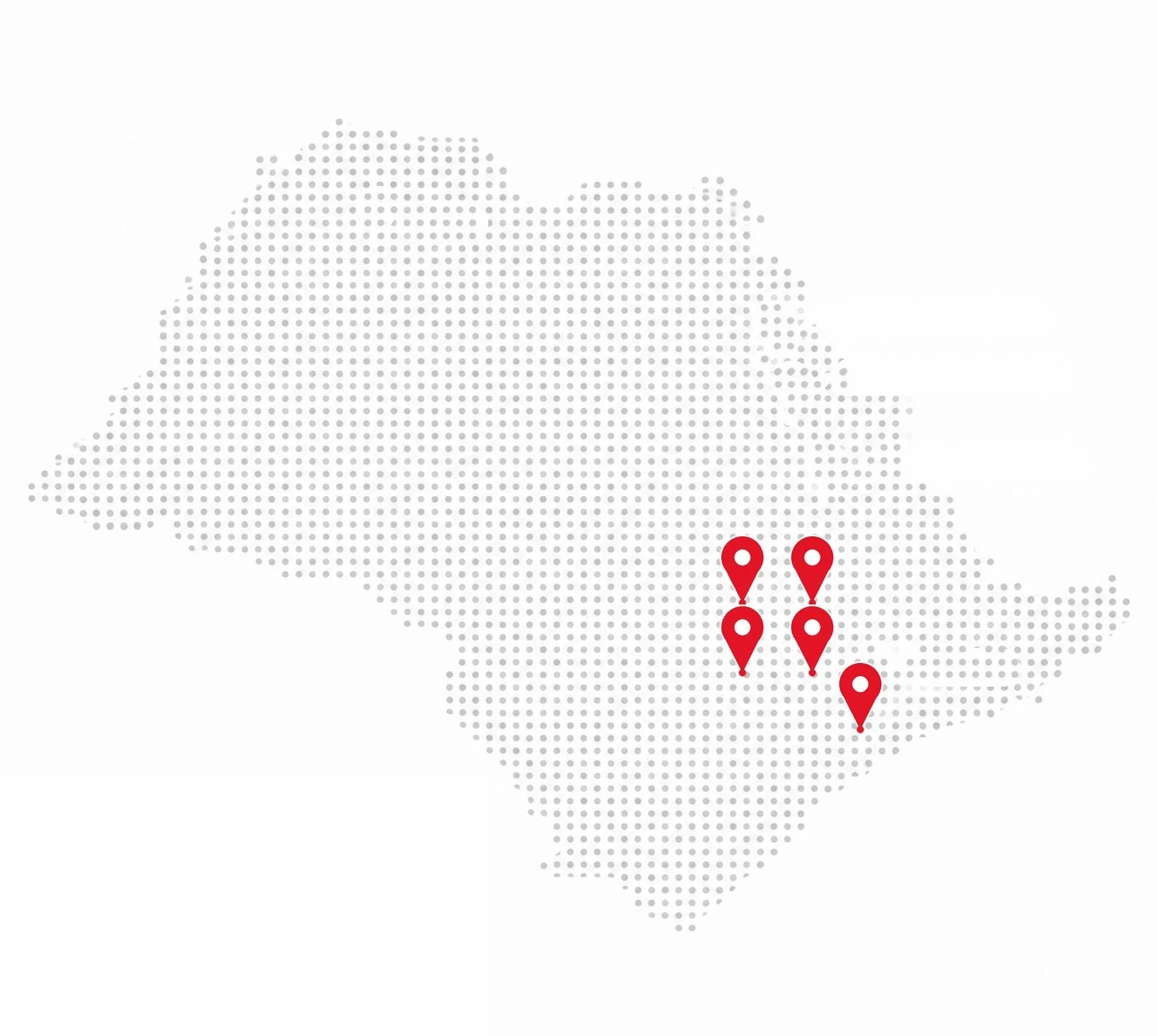 Mapa do estado de São Paulo com cinco marcadores vermelhos de localização.