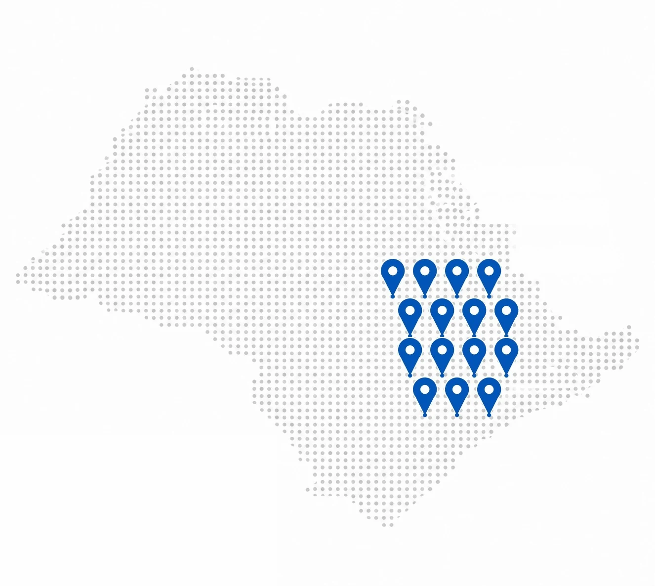 Mapa do estado de São Paulo com marcadores azuis de localização.